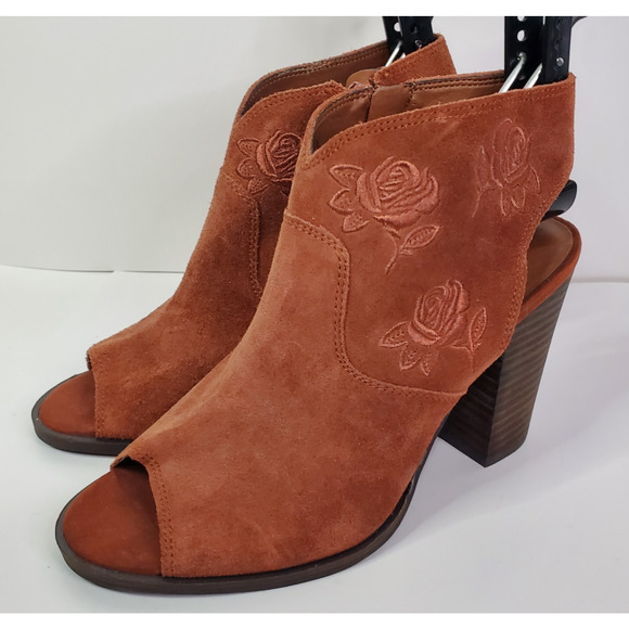 Lucky Brand Women's S 9M Listana Suede Embroidered Peep Toe Burnt Orange Booties - Picture 5 of 14